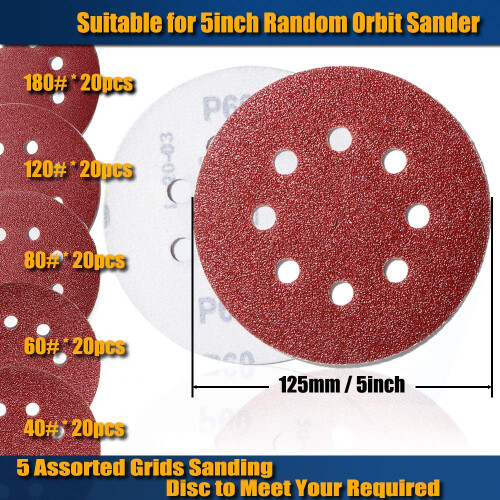 100pcs 125mm Sanding Discs Hook and Loop 20 X 40 60 80 120 180 Mixed 1