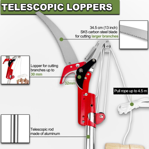 Tree Loppers Long Reach Telescopic 82-402cm Pruner with Extendable 2