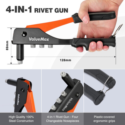 Valuemax 4in1 Rivet Gun Set with 200 Rivets Pop Riveter 4 Sizes 2