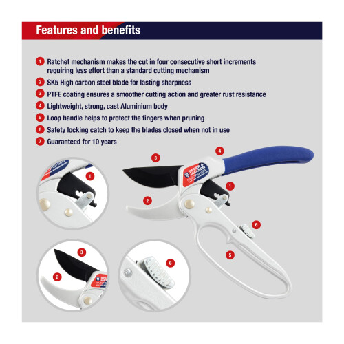 Spear & Jackson Spear Jackson 6358RS Razorsharp Ratchet Anvil Secateurs Silver 1