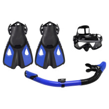 Adult Snorkeling Equipment Set, Panoramic Snorkeling Mask with Drys Top Snorkel, Diving Fins in Black and Blue