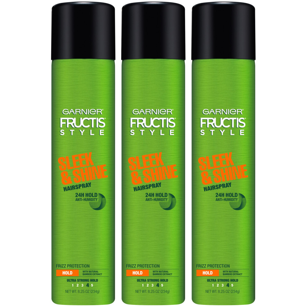 Garnier Fructis Style Sleek And Shine Anti-Humidity Hairspray, Ultra Strong Hold, Frizz Protection 8.25 Oz, 3 Count (Packaging May Vary)