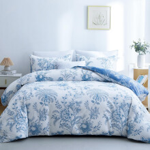 Floral Duvet Cover Queen Size 3 Pieces Set, Blue and White Soft Cotton Bedding with 2 Pillow Shams, Zipper Closure, 90x90 Inches