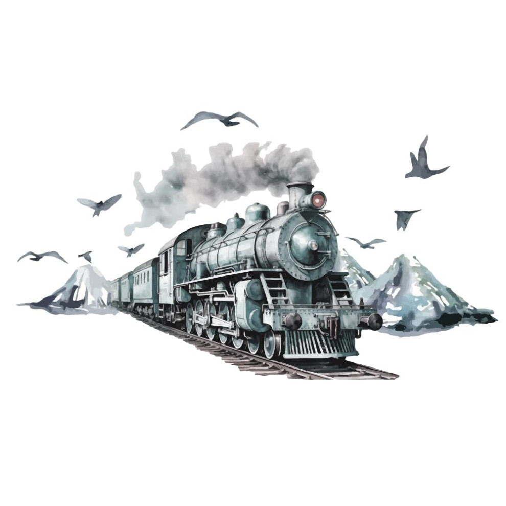 Vintage Train Wall Stickers Removable Watercolour Decals for Nursery Blue Retro Train Mountains Kids Bedroom Decor
