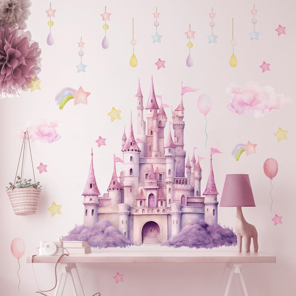Magical Princess Castle Wall Stickers for Girls Room - Peel and Stick Cloud Star Decals for Nursery Bedroom Decor