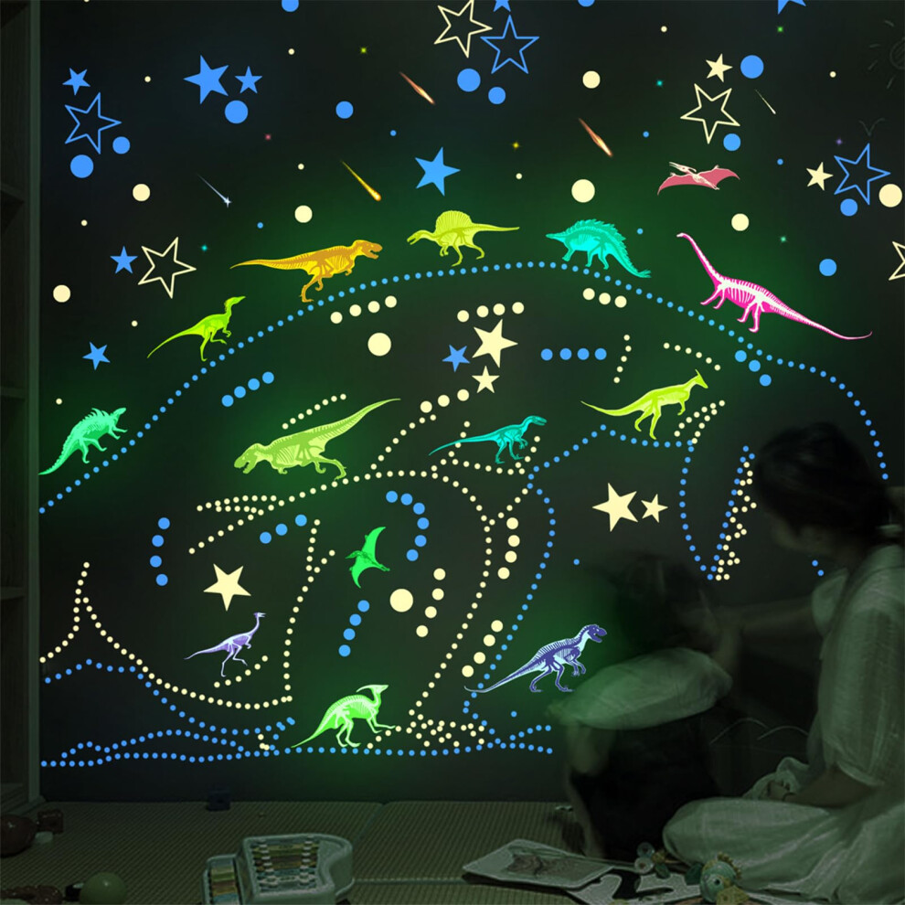 931 Pcs Glow in The Dark Dinosaur Wall Stickers for Kids, Self-Adhesive Nursery Decals, Bedroom Wall Decor
