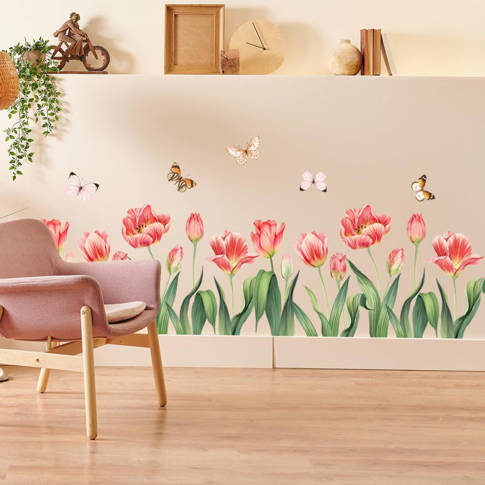 Tulip Flower Wall Decals Floral Butterfly Stickers For Nursery Bedroom Bathroom Decor Removable Vinyl Art Pink