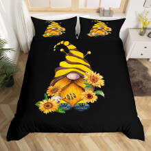 Rustic Sunflower Duvet Cover Double Size Honeybee Bedding Set Garden Flowers Comforter Cover with 2 Pillowcases Black Yellow