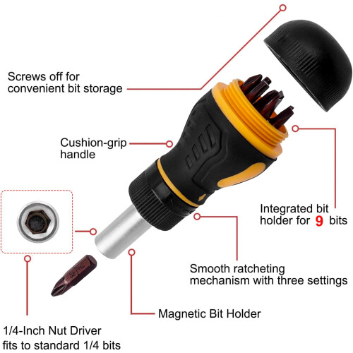 9 in 1 Stubby Ratcheting Screwdriver Set, Mini Magnetic Multi-Bit Tool with Torx Security, Flat Head, Phillips, 1/4 Nut Driver 1