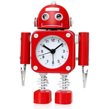 Non-ticking Robot Alarm Clock Stainless Metal - Wake-up Clock with Flashing Eye Lights And Hand Clip (ruby Red)