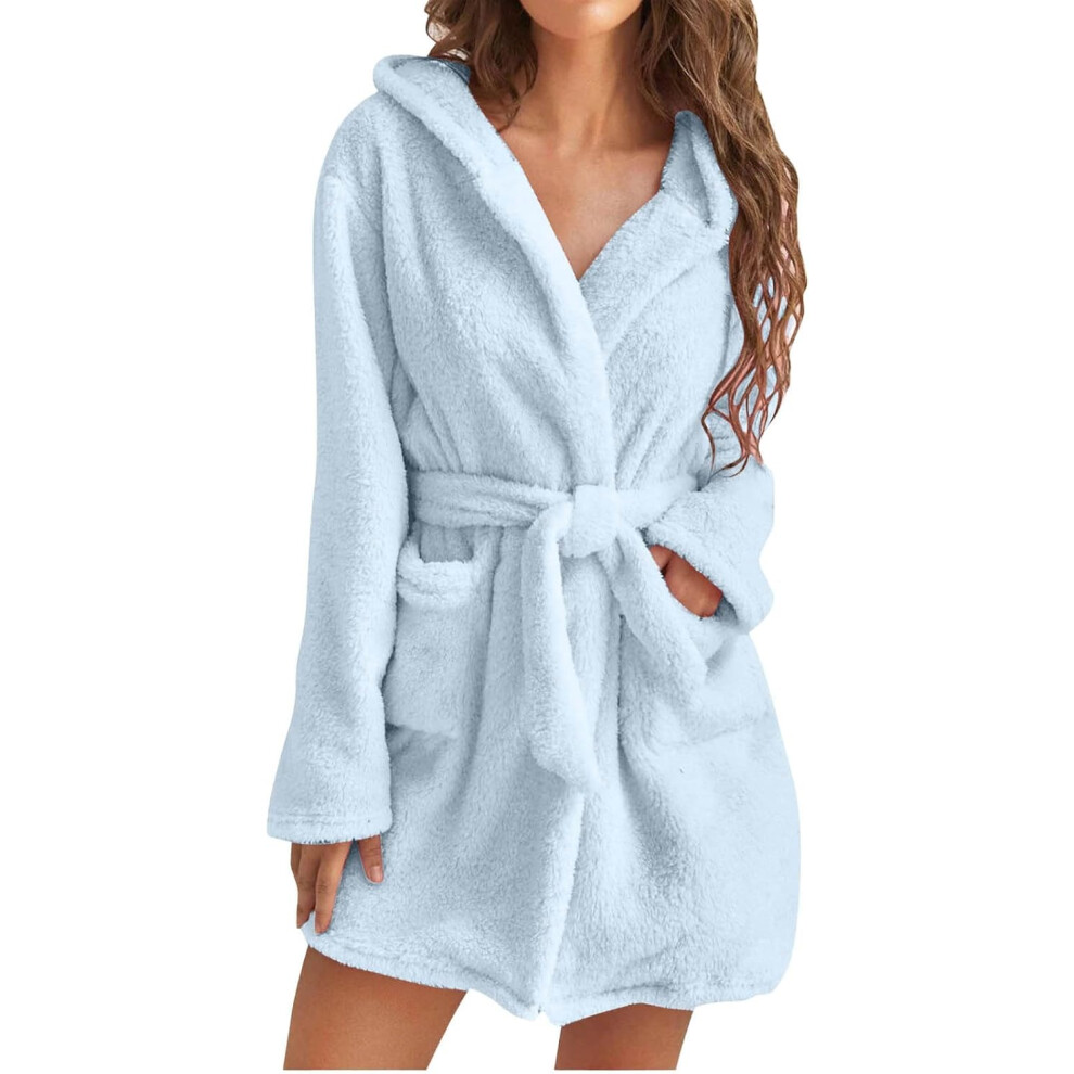 (XL, 003* Sky Blue) Women's Robes Fleece Plush Soft Fluffy Fuzzy Cozy Warm Lightweight Bathrobe Long Sleeve V-Neck Winter Fleece Faux Velvet Sleepwear