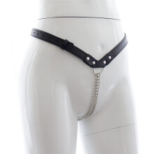 SM Leather Chastity Pants for Women, Sexy Metal Chain Design, Hollow Out Binding Pants, Adjustable Size, Black Color