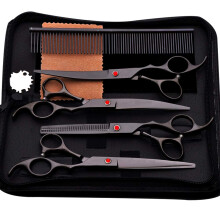 Dog Grooming Scissors Set, 7-Inch Stainless Steel Pet Trimmer Kit with Curved Scissors, Thinning Shears, and Comb for Dogs and Cats, 5-Pieces Black