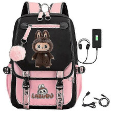(Black Pink A) Cartoon Labubu USB Charging Backpack for School, Work & Travel - Men, Women & Kids - HF