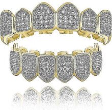Diamond Grills for Your Teeth Women 18K Gold Plated Fully Iced Out CZ Vampire Top and Bottom Face Mouth Men with Extra Molding Bars Cosplay Costumegol