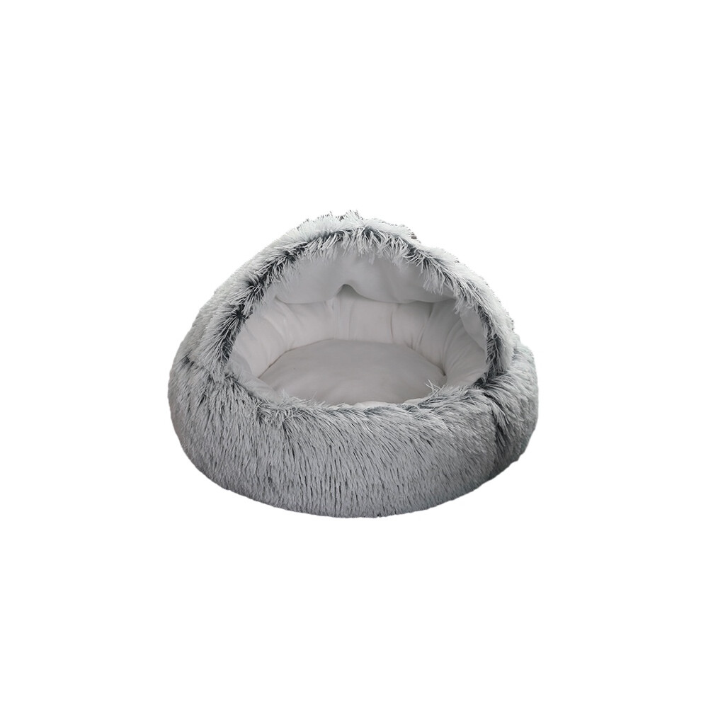 (, 50Cm/19.69In) Warm Pet Cat Cave Bed Hooded Donut Cozy Soft Plush Puppy Mat Self Warming Nest Grey