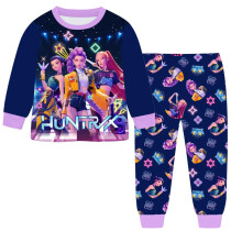 (Blue, 120cm) Kpop Demon Hunters Kids Long Sleeve Pajama Set Cozy Fabric Indoor Relaxed Sleep