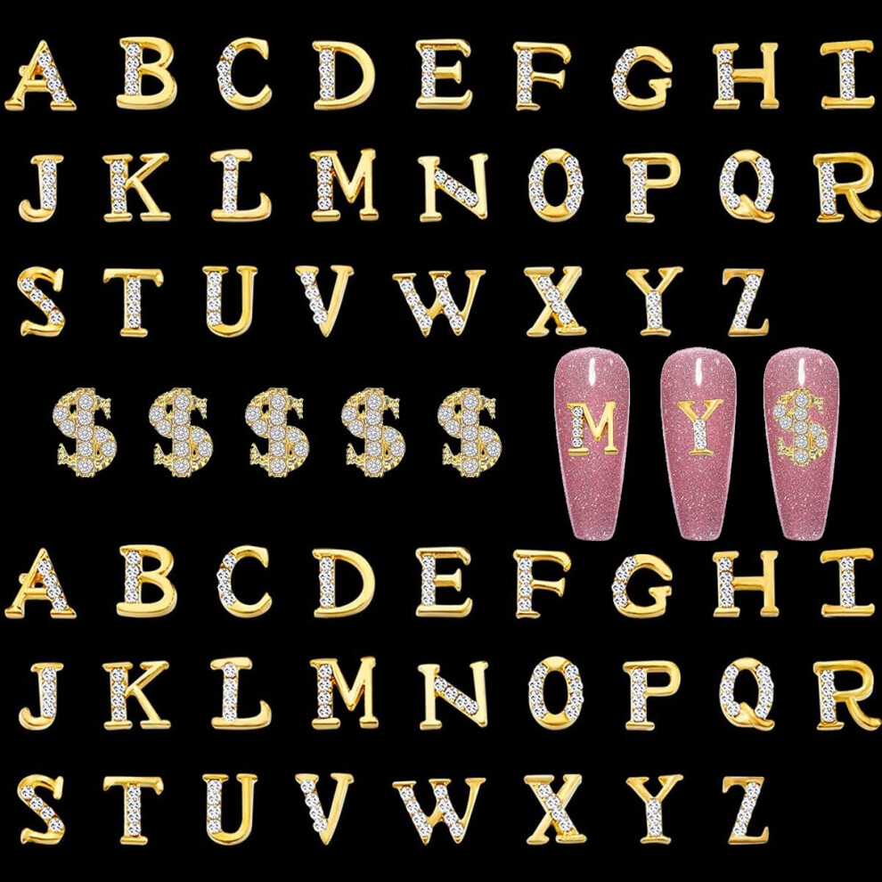 Qiipii Gold 52Pcs Letters Nail Stud Alloy Rhinestone + 5Pcs 3D Dollar Sign Money Nail Art 3D Capital Letters Nail Studs Alphabet Nail Charms Art For Acrylic