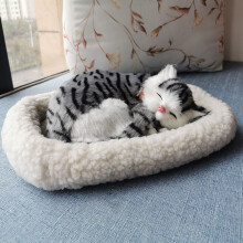 (Grey) Sleeping Realistic Plush Breathing Cat Furry Dog With Mat Animals Decor Creative