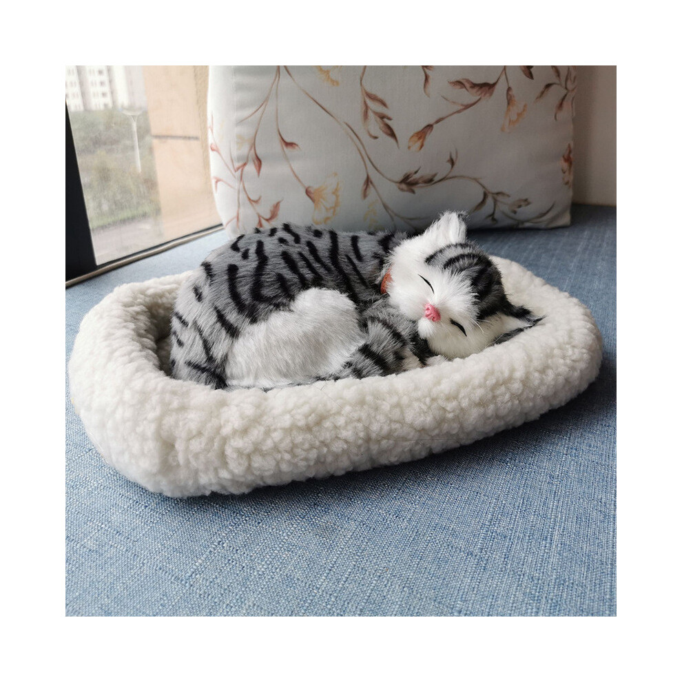 (Grey) Sleeping Realistic Plush Breathing Cat Furry Dog With Mat Animals Decor Creative
