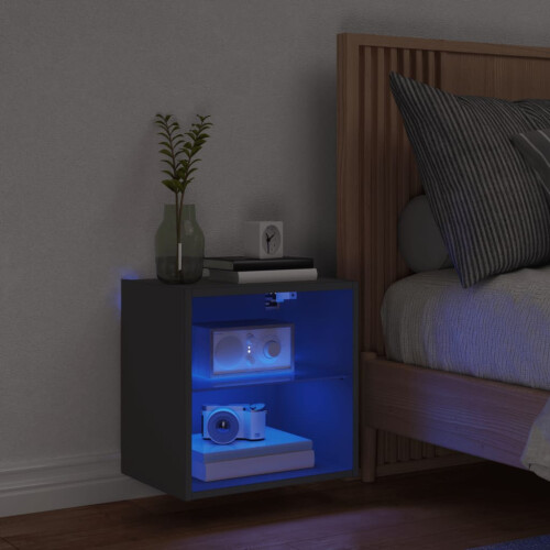 Bedside Cabinet | Bedside Table | Nightstand with LED Lights Wall-mounted Black 2