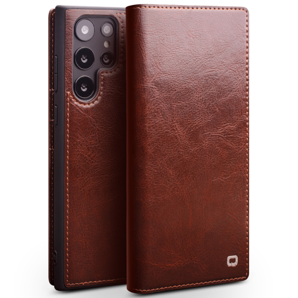 (Brown) Qialino For Samsung Galaxy S22 Ultra 5G Folio Flip Wallet Stand Design Shockproof Genuine Leather Cell Phone Case Brown 6914287703735