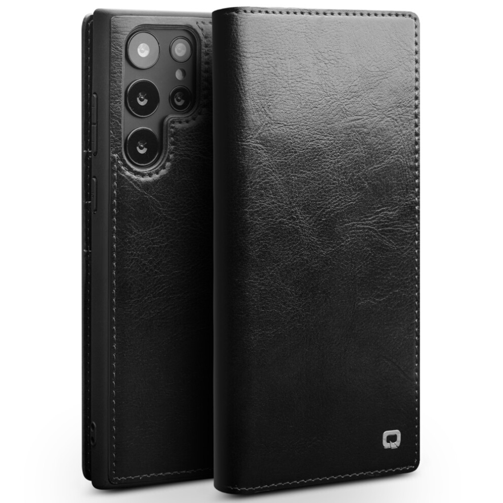(Black) Qialino For Samsung Galaxy S22 Ultra 5G Folio Flip Wallet Stand Design Shockproof Genuine Leather Cell Phone Case Black 6914283725816