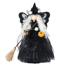 (Black) Halloween Witch with Flying Broom Doll Tree Topper Desktop Ornament Party Decoration