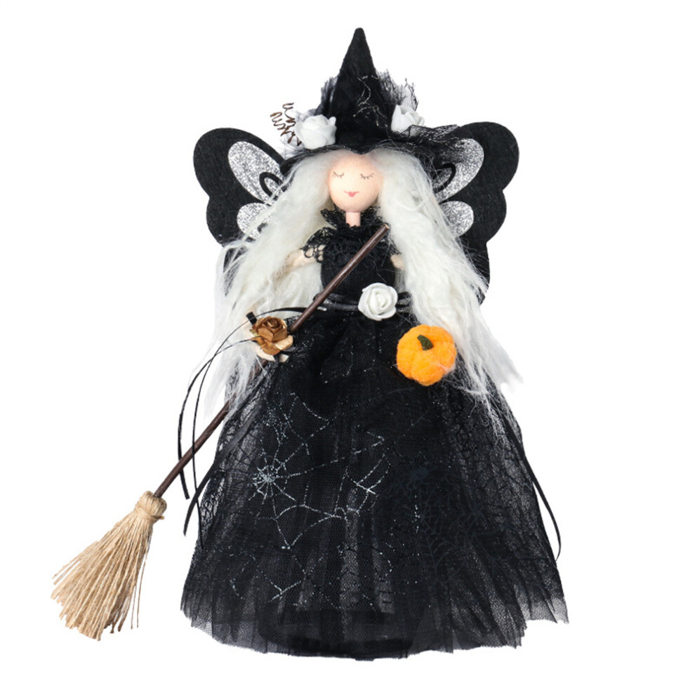 (Black) Halloween Witch with Flying Broom Doll Tree Topper Desktop Ornament Party Decoration
