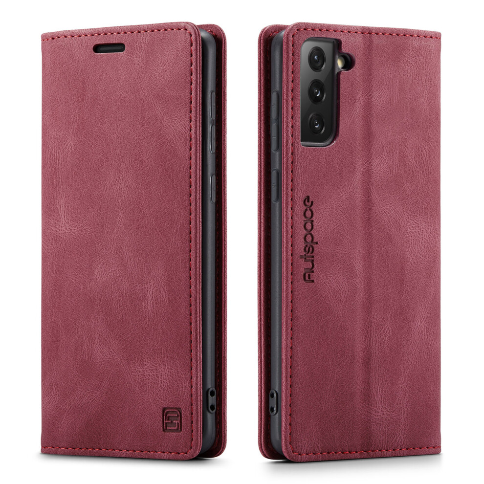 (Red) Autspace A01 Series Rfid Blocking Retro Matte Leather Case Wallet For Samsung Galaxy S21 4G/5G Red 6914281285145