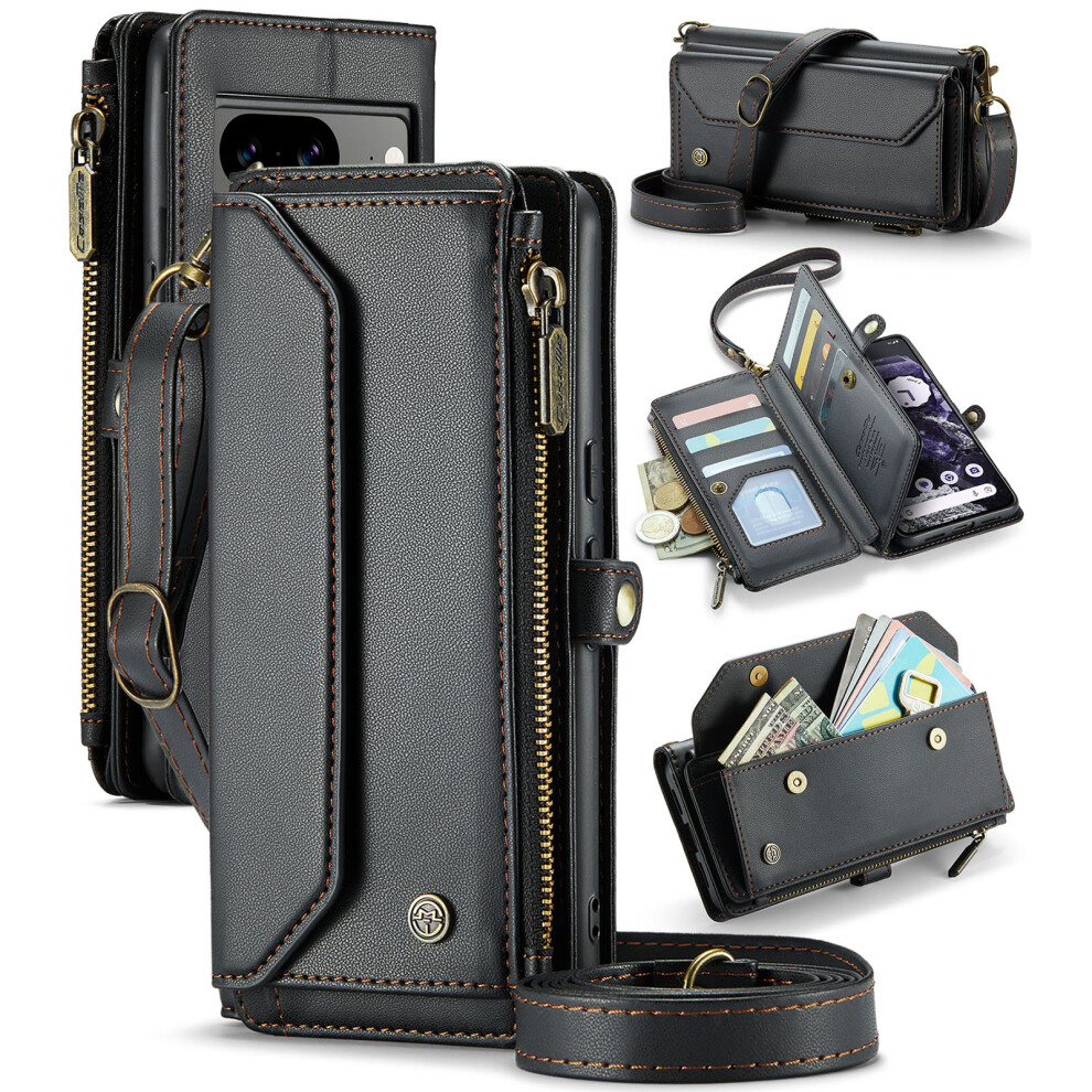 (Black) For Google Pixel 8 Leather Case Caseme C36 Zipper Multiple Card Slots Phone Cover With Straps Black 6914287321861