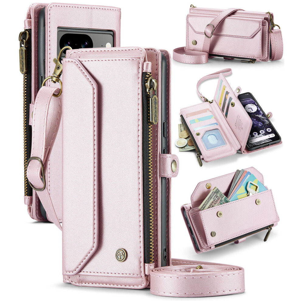 (Pink) For Google Pixel 8 Leather Case Caseme C36 Zipper Multiple Card Slots Phone Cover With Straps Pink 6914288754545