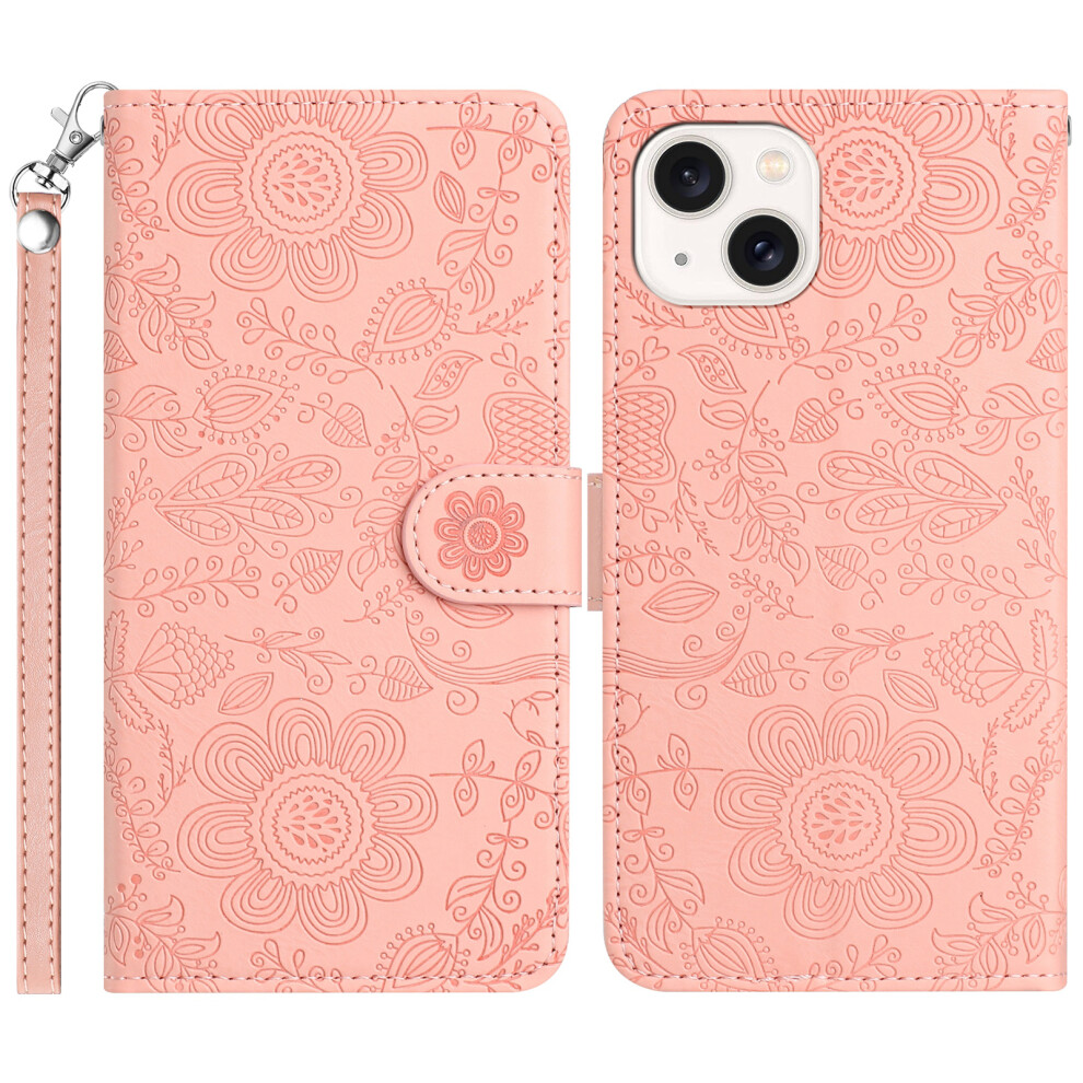 (Pink) For Iphone 14 13 Case Flower Imprint Leather Flip Wallet Phone Cover With Wrist Strap Pink 6914286165626
