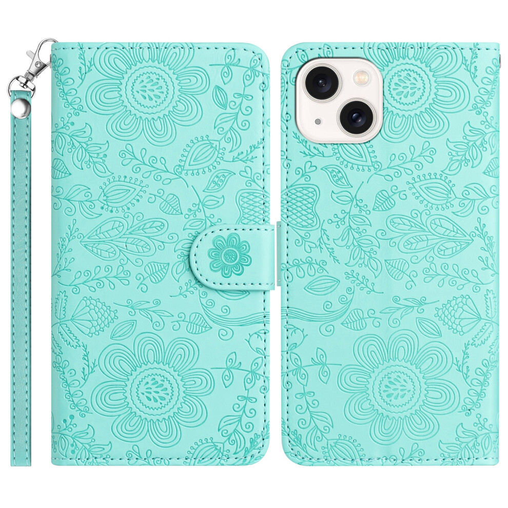 (Light ) For Iphone 14 13 Case Flower Imprint Leather Flip Wallet Phone Cover With Wrist Strap Green 6914281662106