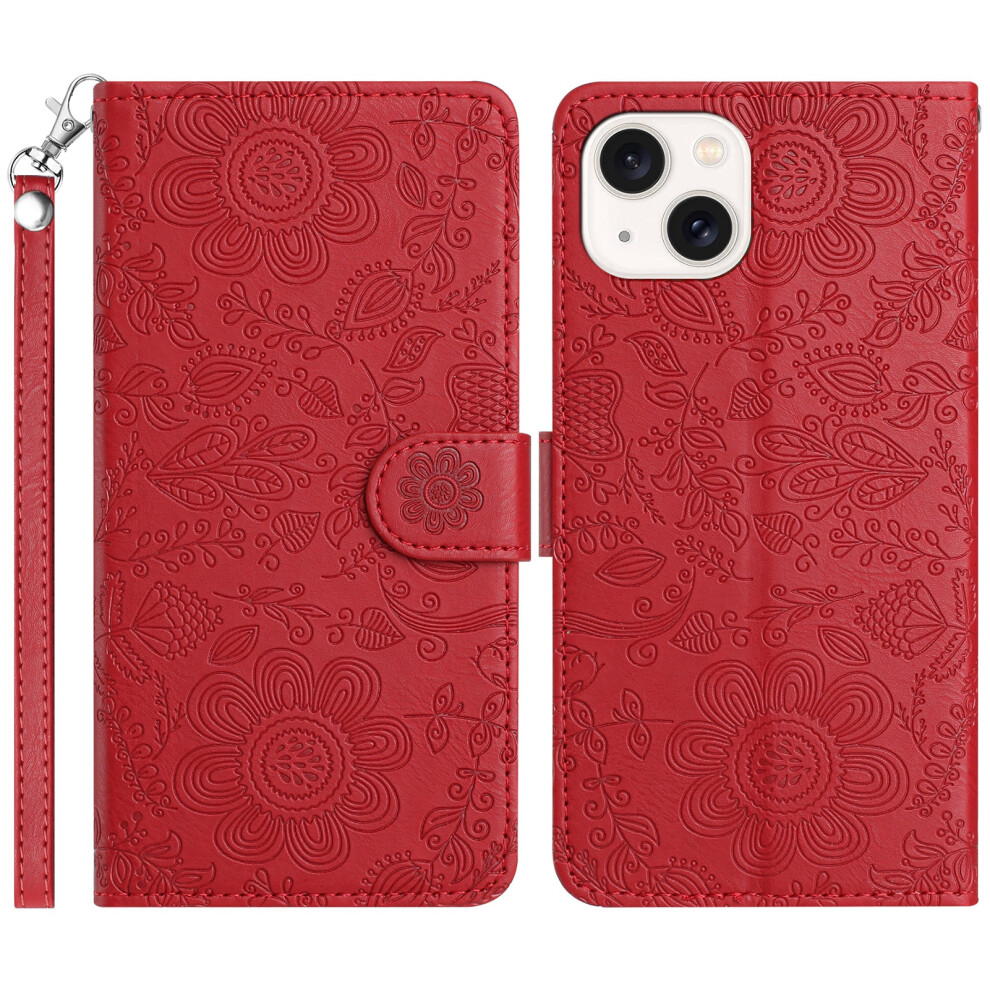 (Red) For Iphone 14 13 Case Flower Imprint Leather Flip Wallet Phone Cover With Wrist Strap Red 6914284529413