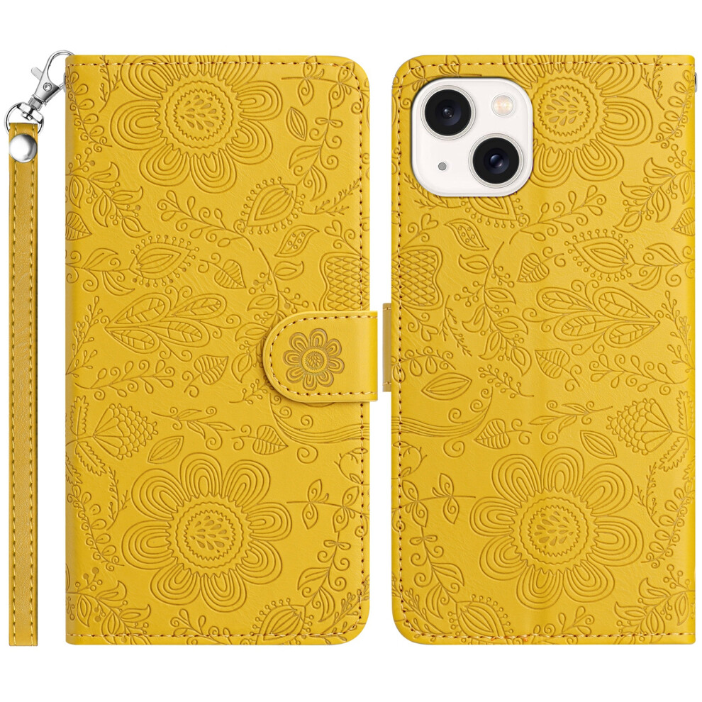 (Yellow) For Iphone 14 13 Case Flower Imprint Leather Flip Wallet Phone Cover With Wrist Strap Yellow 6914282577560