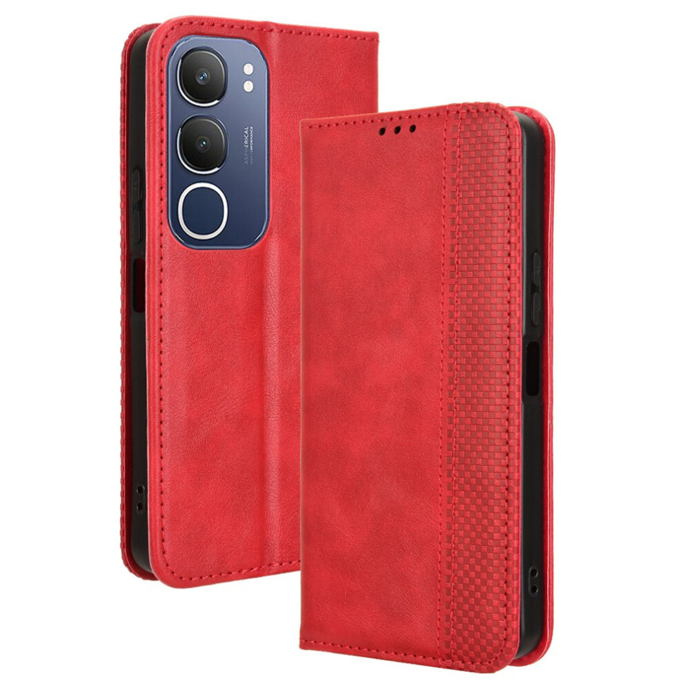 (Red) For Vivo Y19s 4G Y29 5G Leather Case Wallet Stand Retro Texture Phone Cover Red 6914286786500