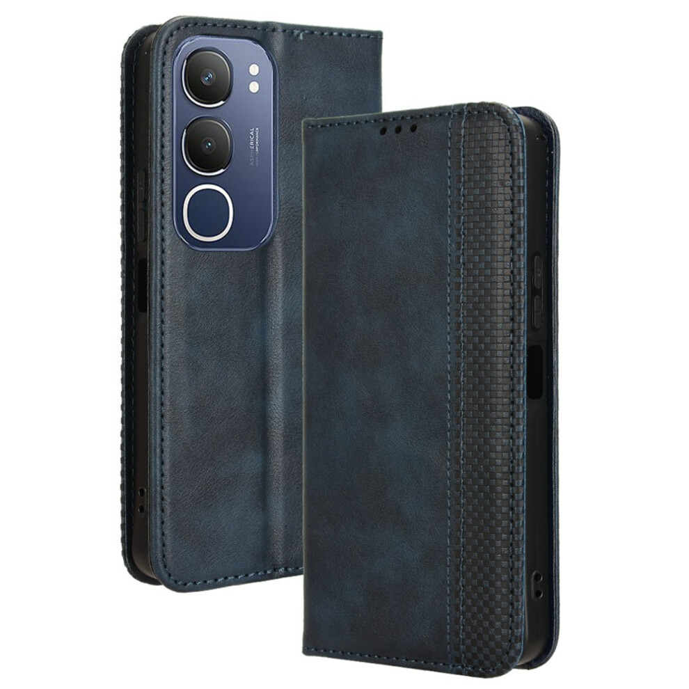 (Blue) For Vivo Y19s 4G Y29 5G Leather Case Wallet Stand Retro Texture Phone Cover Blue 6914289277289
