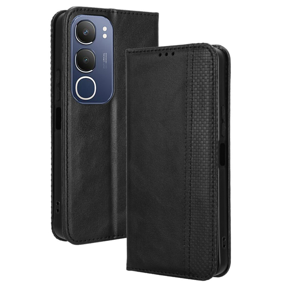 (Black) For Vivo Y19s 4G Y29 5G Leather Case Wallet Stand Retro Texture Phone Cover Black 6914280374550