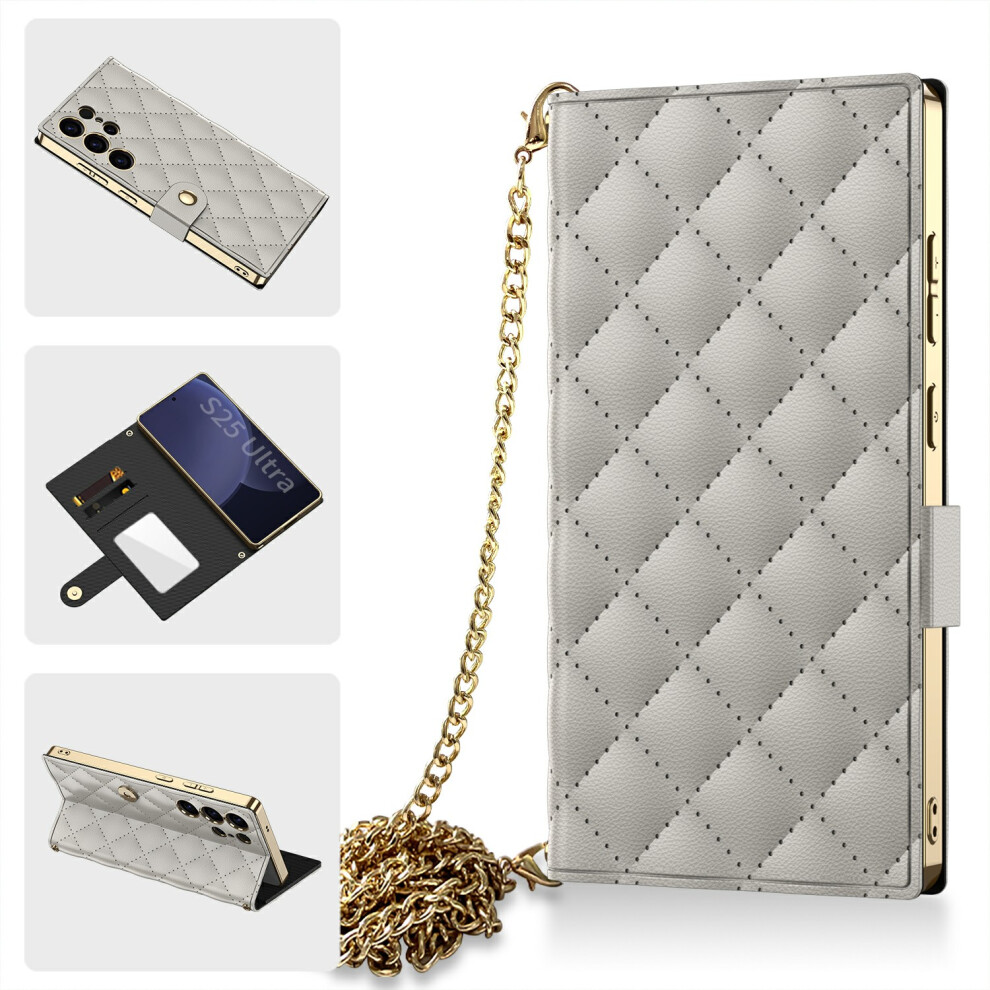 (Titanium ) Gkk For Samsung Galaxy S25 Ultra Case With Card Holder Mirror Electroplate Leather Flip Cover Rhombus Pattern Grey 6914282075226