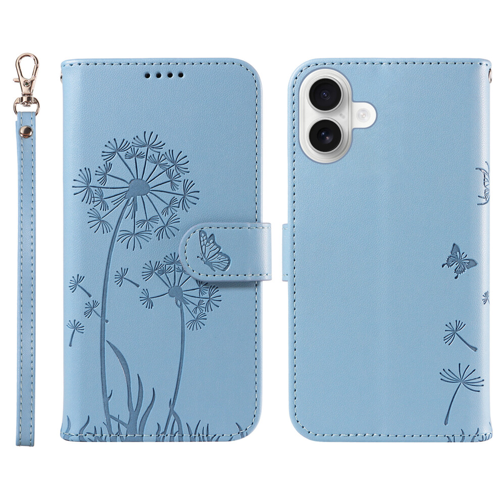 (Sky ) For Iphone 16 Leather Case Wallet Phone Cover Dandelion Imprint Blue 6914287342903