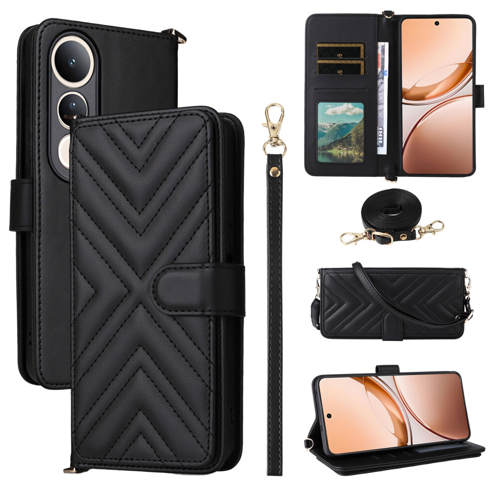 (Black) For Vivo V50 Lite 4G 5G Wallet Case With Shoulder Wrist Strap Leather Phone Cover Stand Black 6914287365919