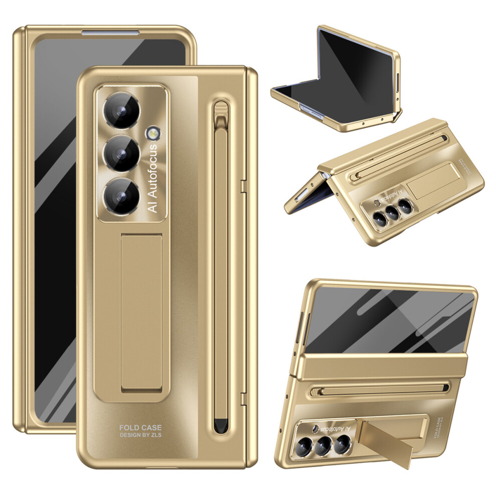 (Gold) For Samsung Galaxy Z Fold7 5G Case Kickstand Hinge Pc Phone Cover With Tempered Glass Film, Stylus Gold 6914280468211