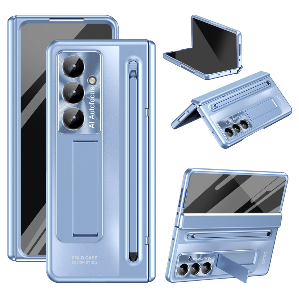 (Blue) For Samsung Galaxy Z Fold7 5G Case Kickstand Hinge Pc Phone Cover With Tempered Glass Film, Stylus Blue 6914287415195