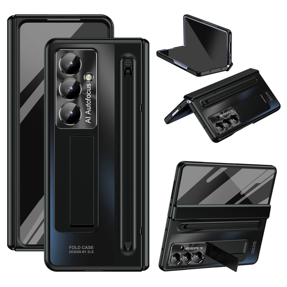 (Black) For Samsung Galaxy Z Fold7 5G Case Kickstand Hinge Pc Phone Cover With Tempered Glass Film, Stylus Black 6914289588019