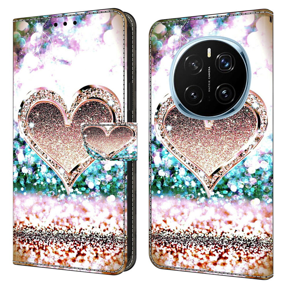 ( Diamond Heart) For Honor Magic7 Pro 5G Case 3D Pattern Pu Leather Wallet Phone Cover With Stand Pink 6914282853046
