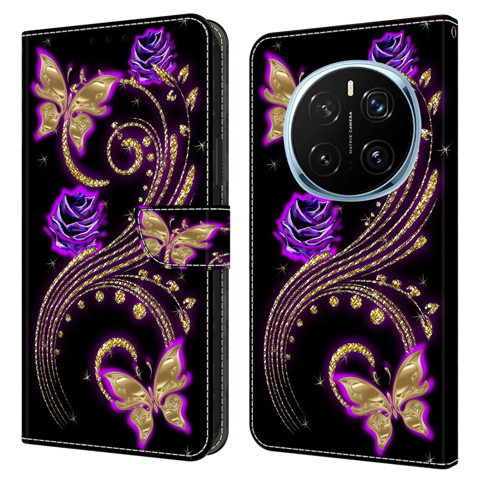 ( Flowers Butterflies) For Honor Magic7 Pro 5G Case 3D Pattern Pu Leather Wallet Phone Cover With Stand Purple 6914282576549