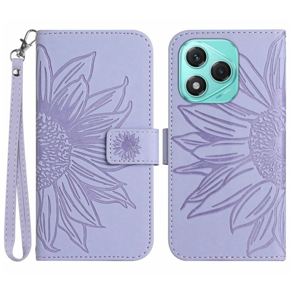 (Light ) For Honor 400 Lite 5G Case Sunflower Imprint Leather Wallet Phone Cover With Wrist Strap Purple 6914281682357
