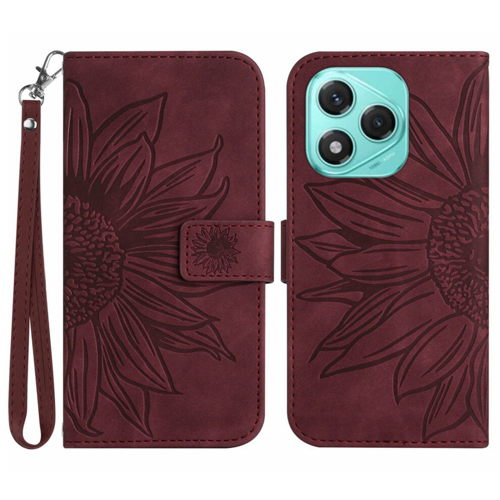 (Wine ) For Honor 400 Lite 5G Case Sunflower Imprint Leather Wallet Phone Cover With Wrist Strap Red 6914284506254
