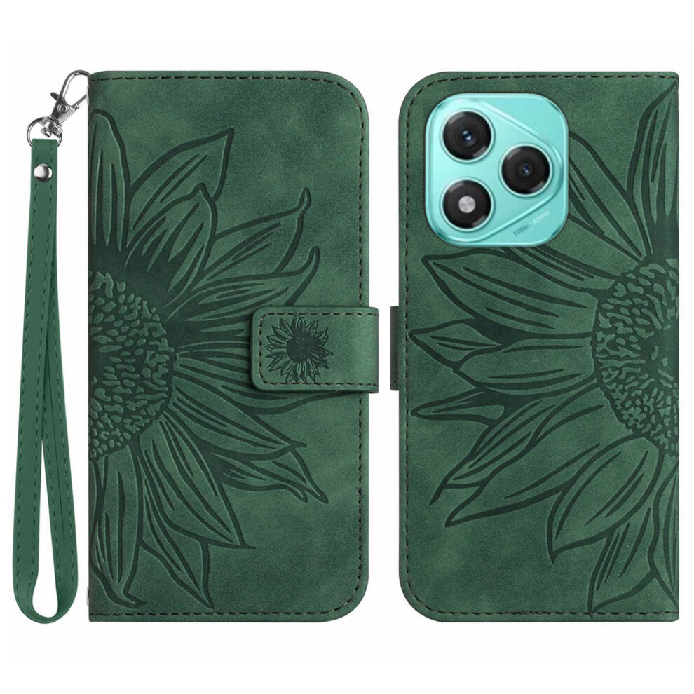 (Dark ) For Honor 400 Lite 5G Case Sunflower Imprint Leather Wallet Phone Cover With Wrist Strap Green 6914285787553